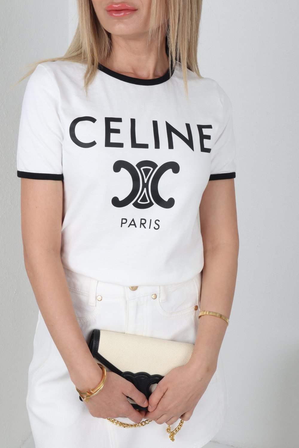 Celine Baskıılı Ekru Basic Tshirt