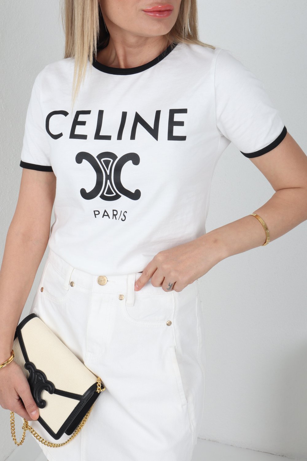 Celine Baskıılı Ekru Basic Tshirt