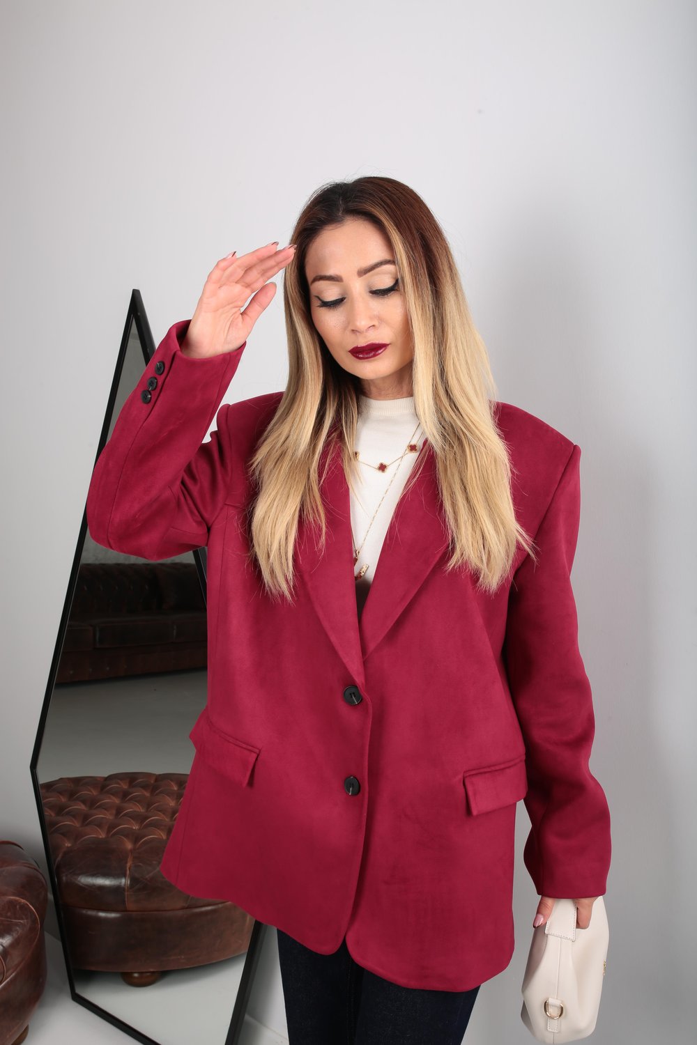 Çift Düğmeli Bordo Oversize Nubuk Ceket