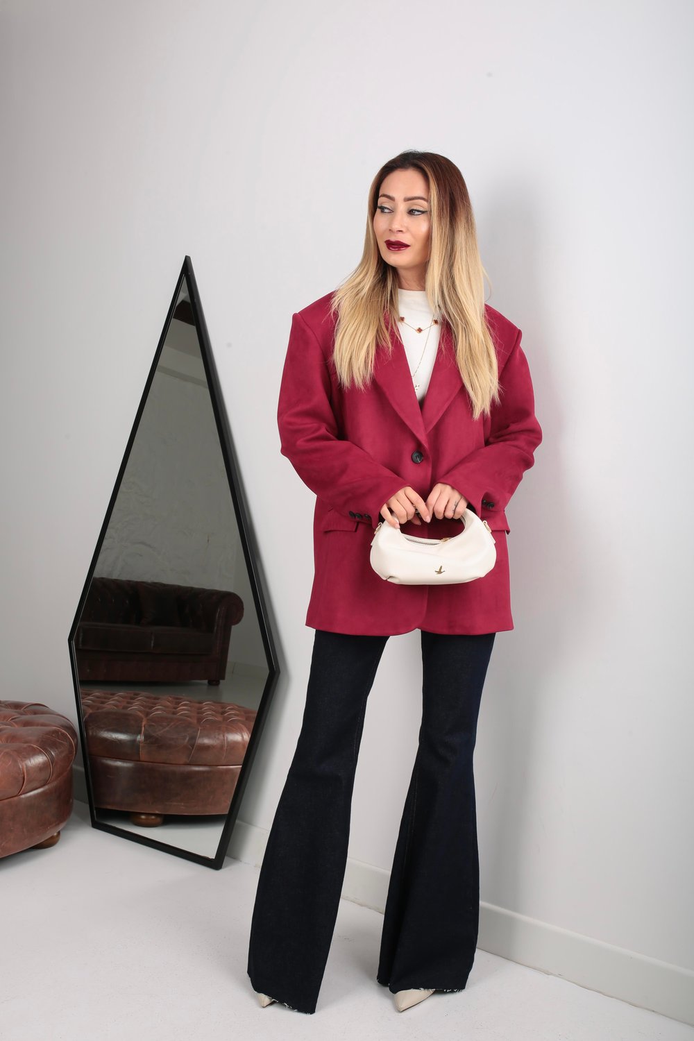 Çift Düğmeli Bordo Oversize Nubuk Ceket