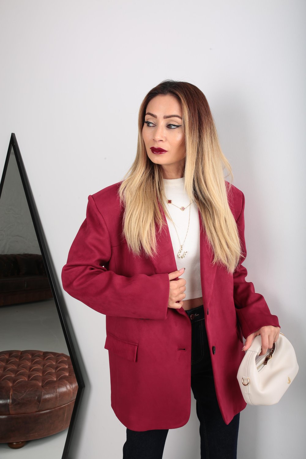 Çift Düğmeli Bordo Oversize Nubuk Ceket