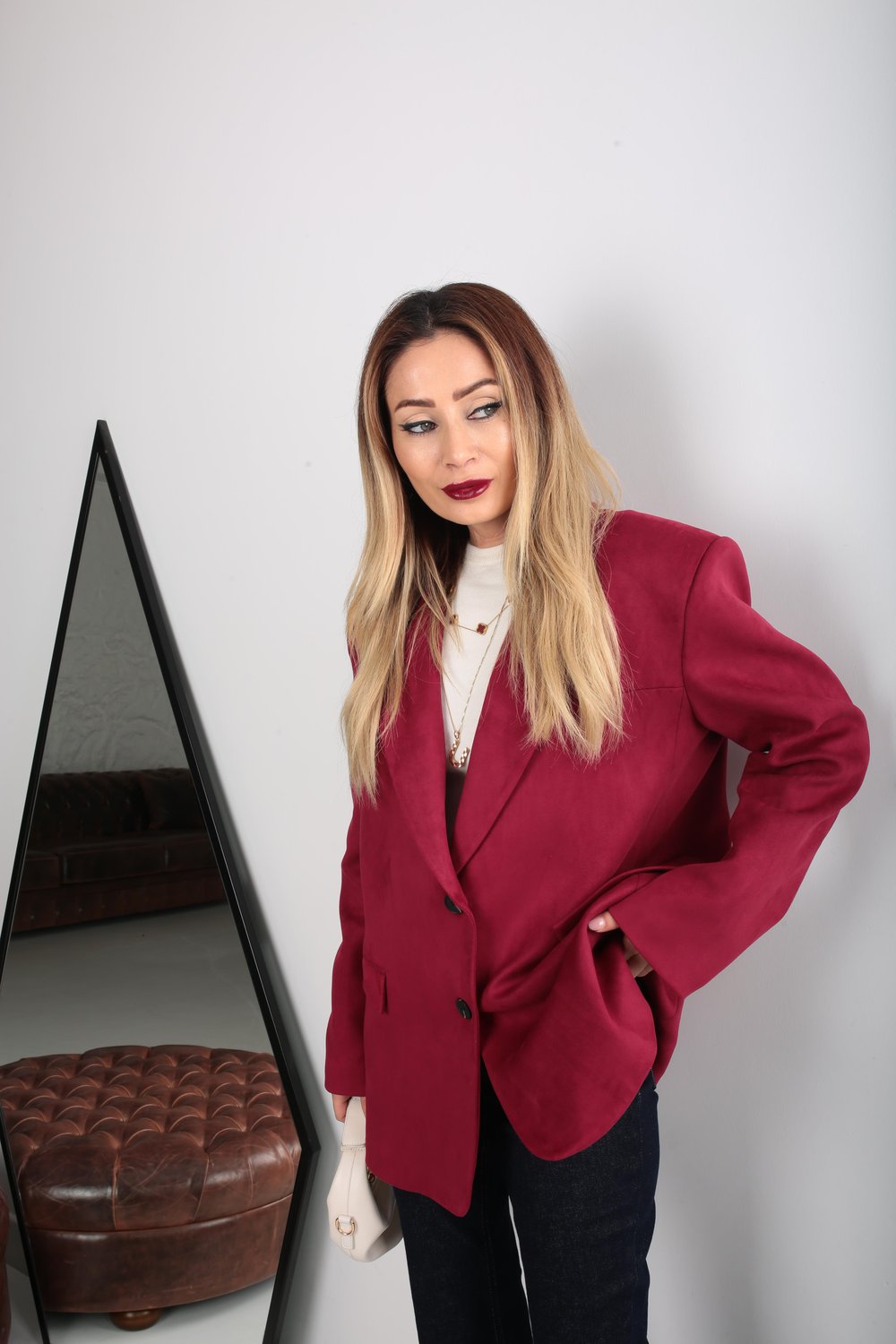Çift Düğmeli Bordo Oversize Nubuk Ceket