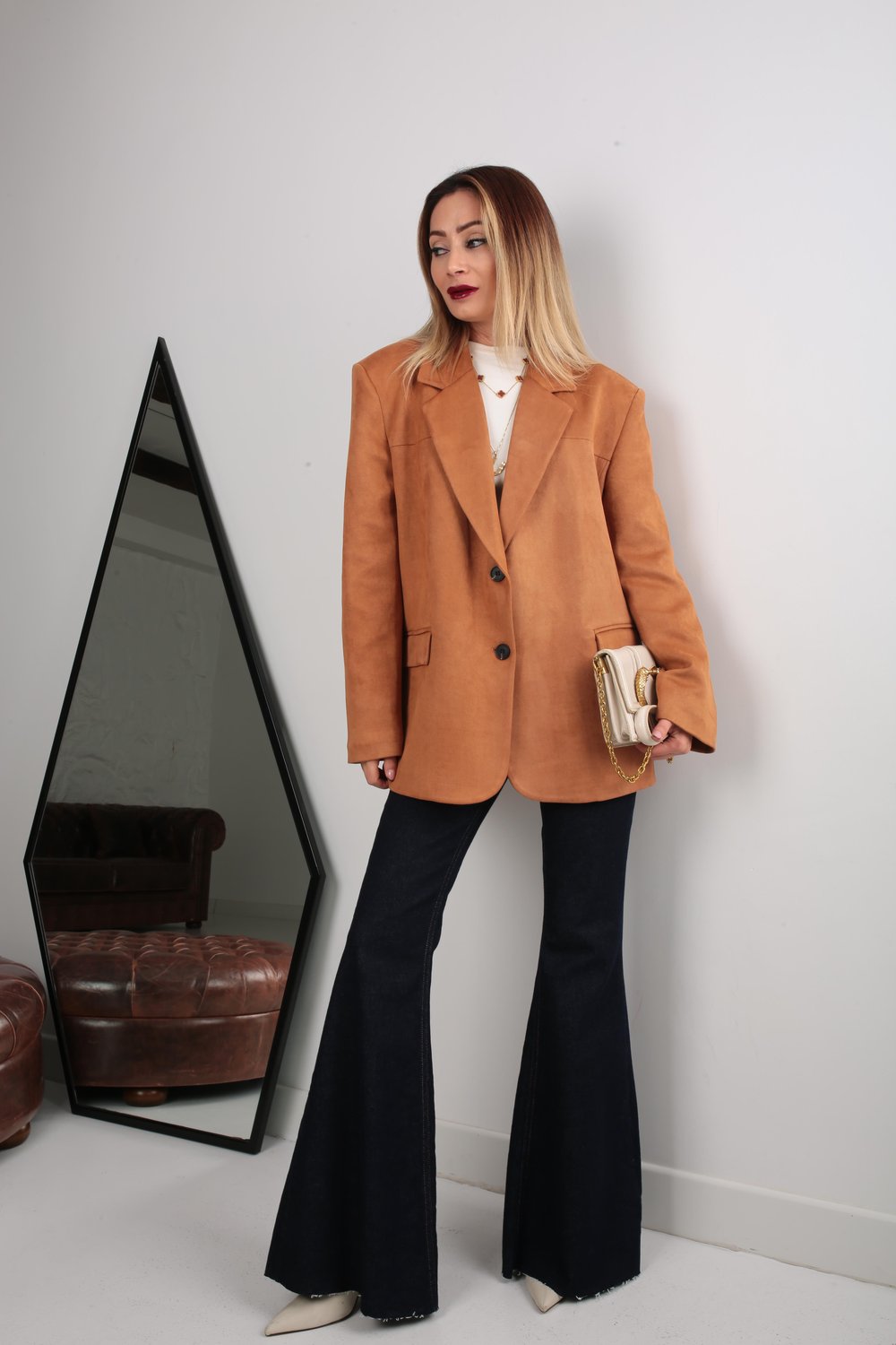 Çift Düğmeli Taba Oversize Nubuk Ceket