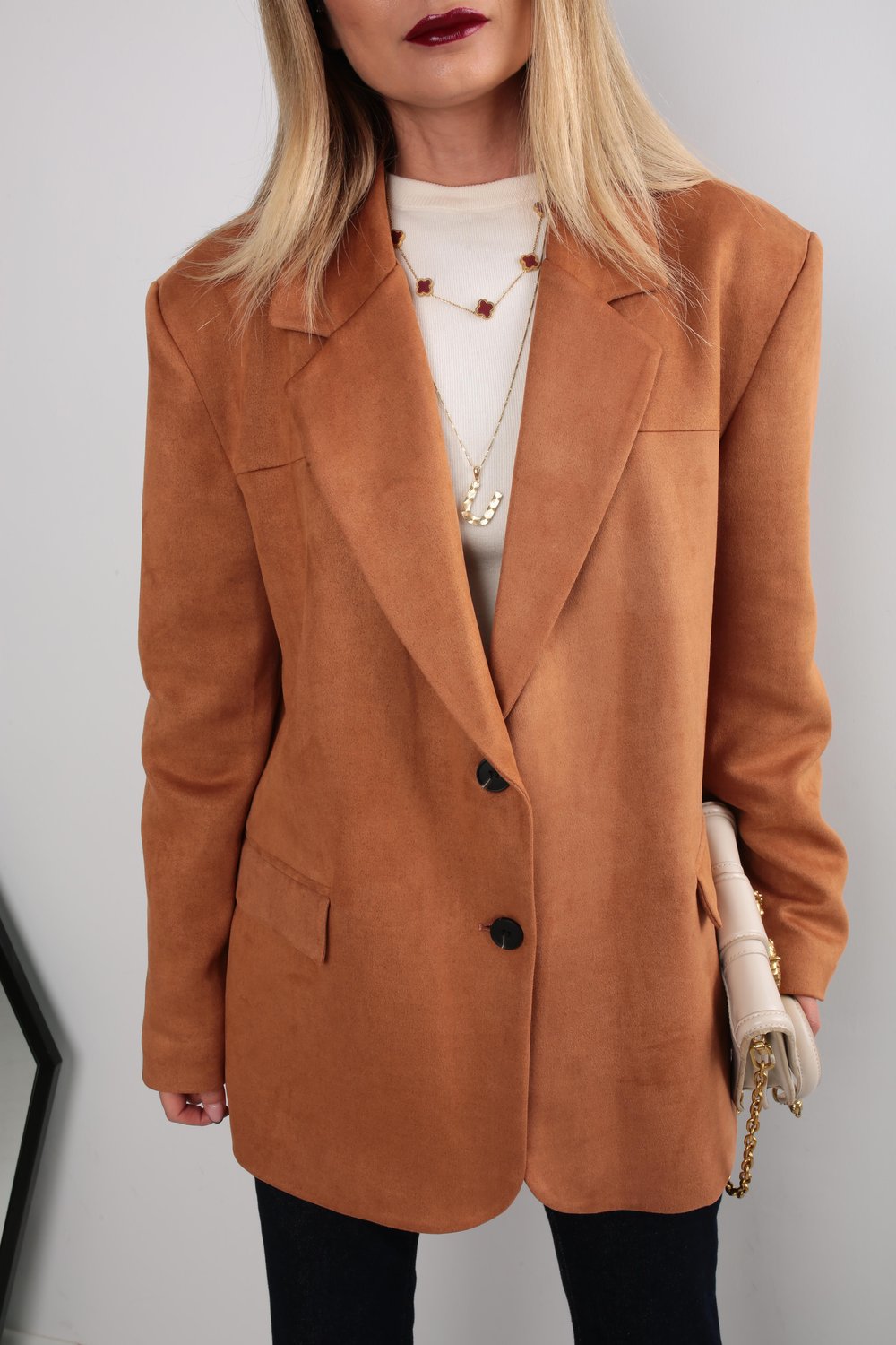 Çift Düğmeli Taba Oversize Nubuk Ceket