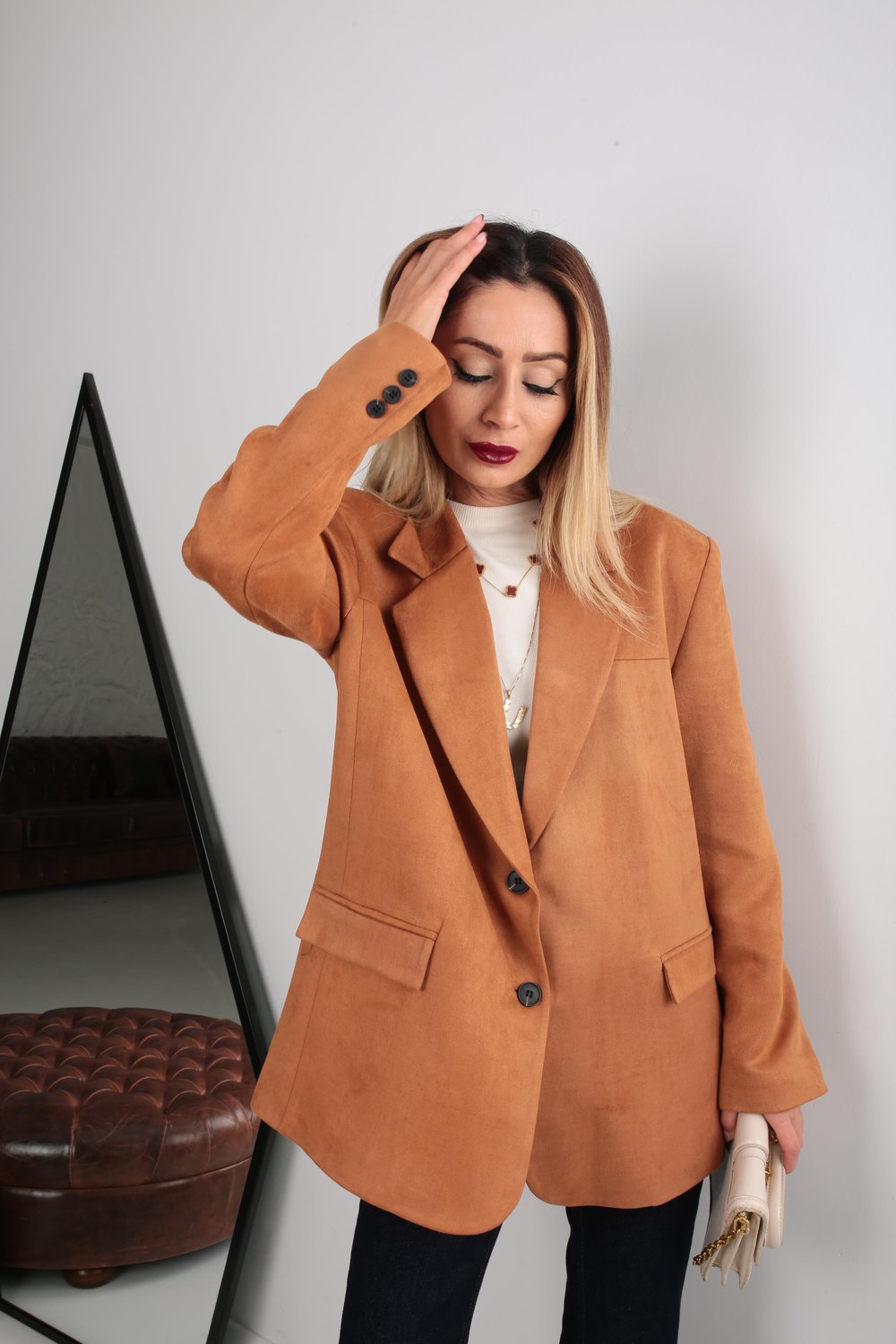 Çift Düğmeli Taba Oversize Nubuk Ceket
