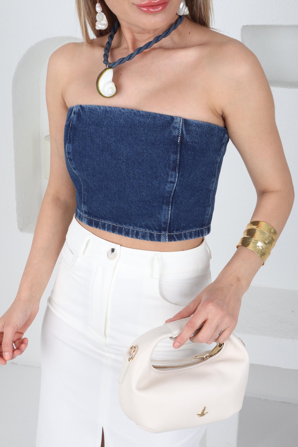 Dark Blue Denim Büstiyer