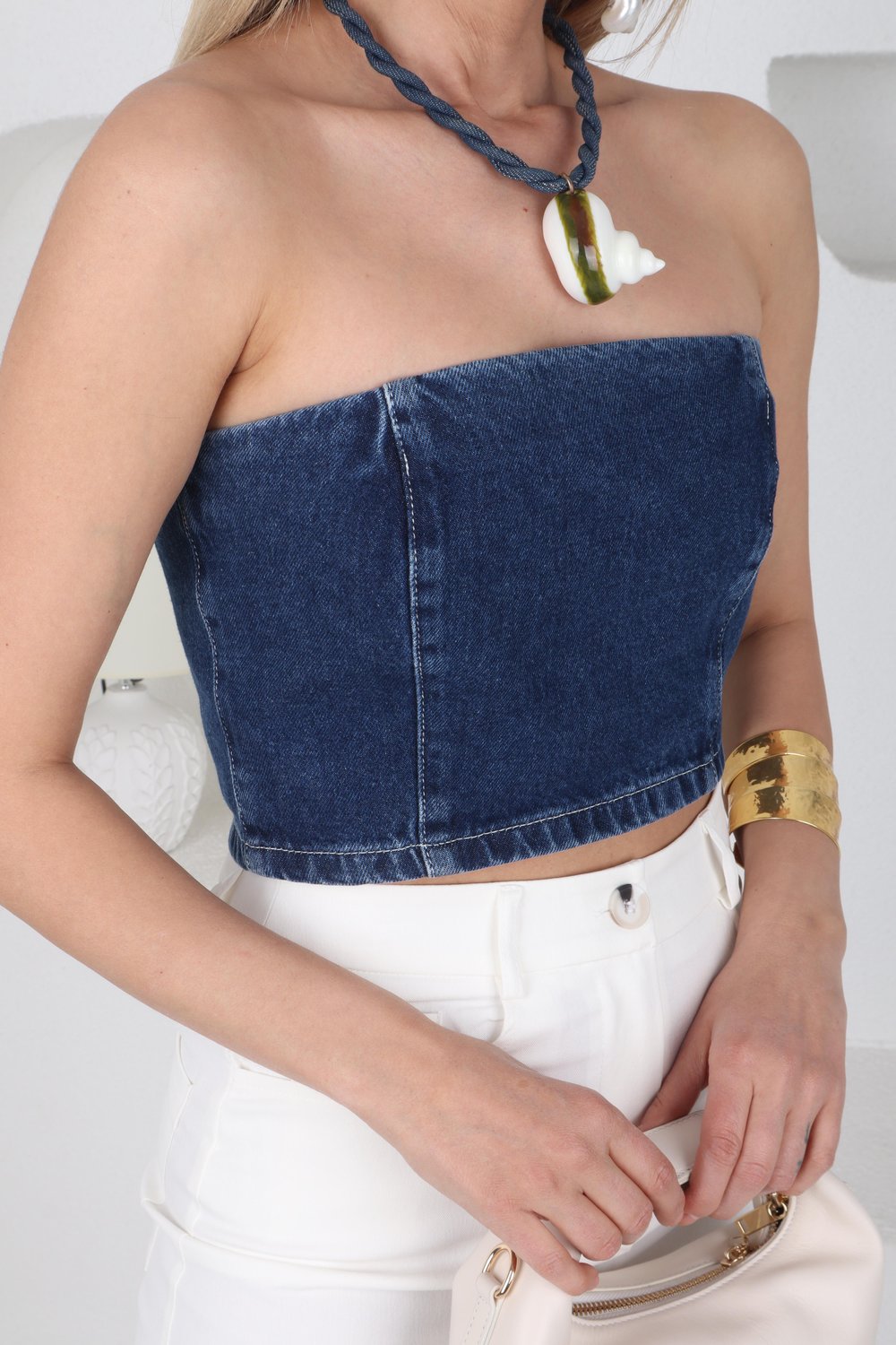 Dark Blue Denim Büstiyer