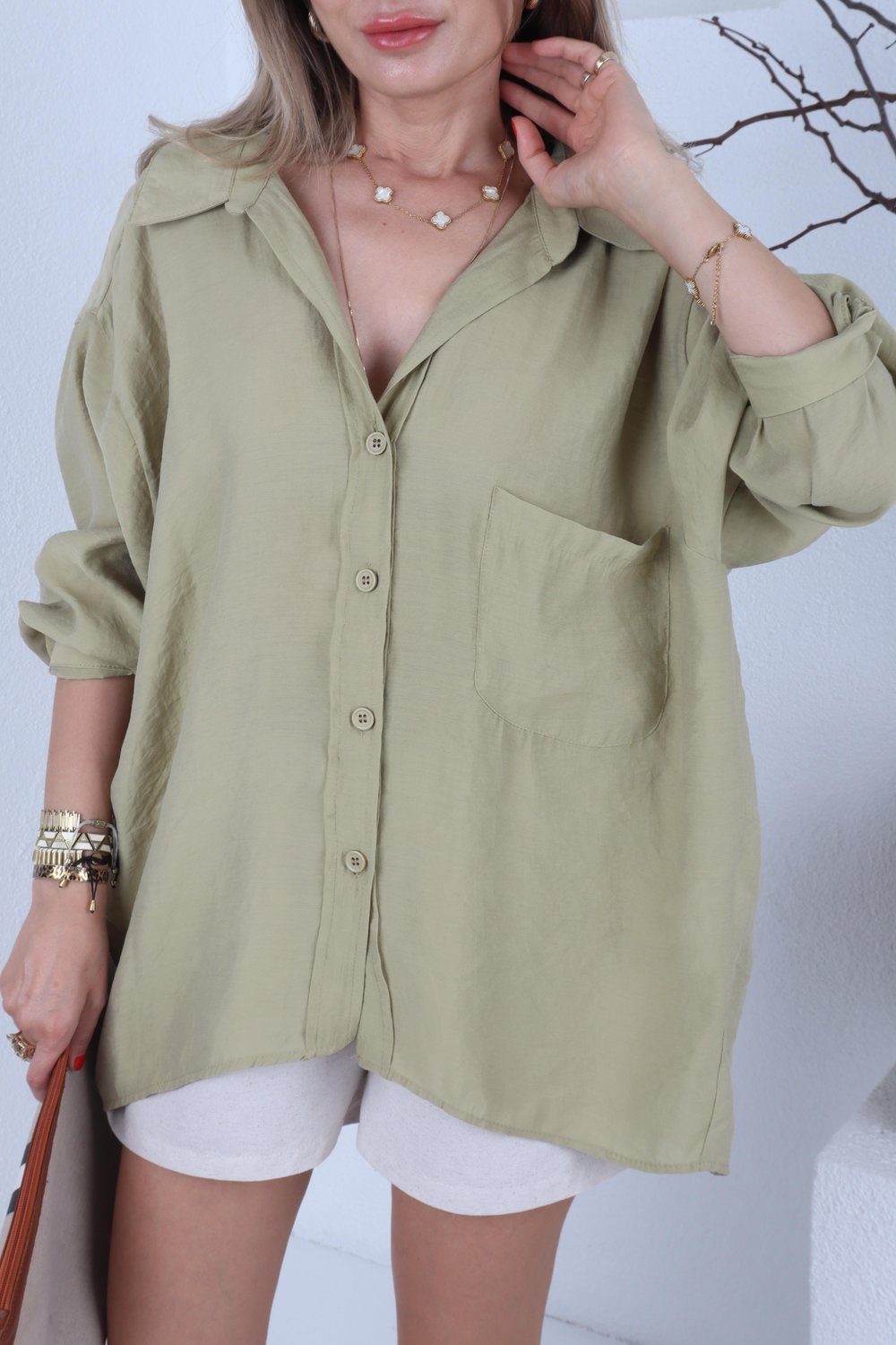 Düşük Omuzlu Oversize Haki Gömlek