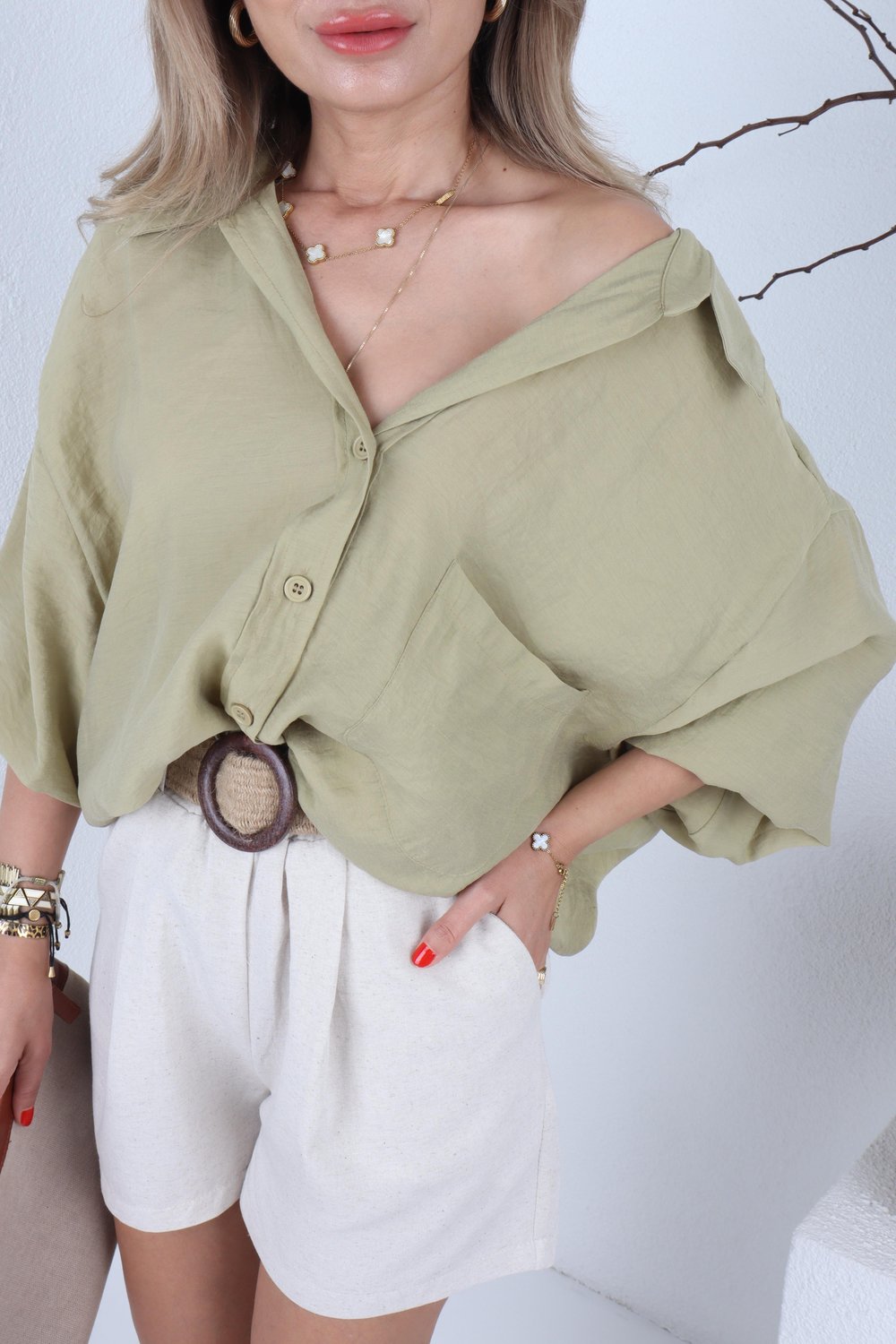 Düşük Omuzlu Oversize Haki Gömlek