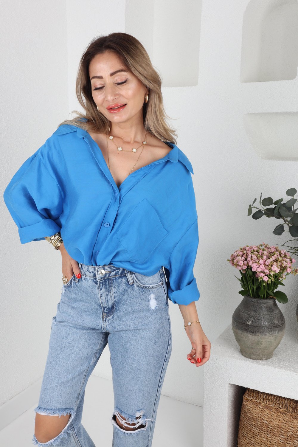 Düşük Omuzlu Oversize Mavii Gömlek