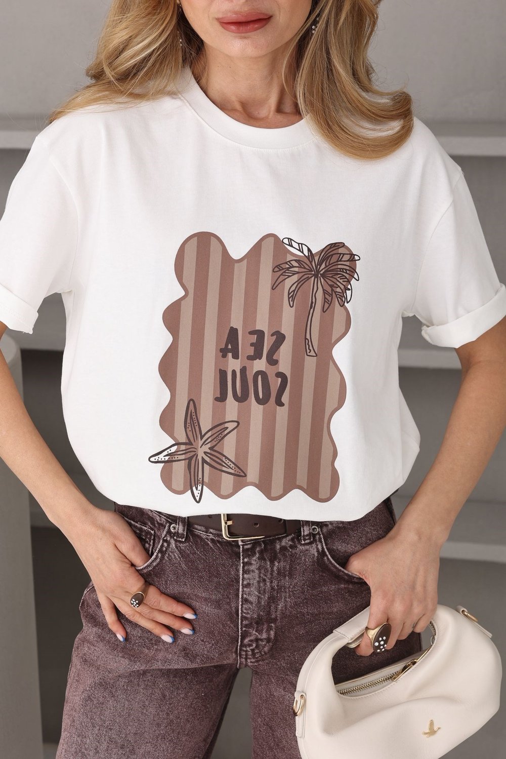 Ekru Palmiye Baskılı Basic Tshirt