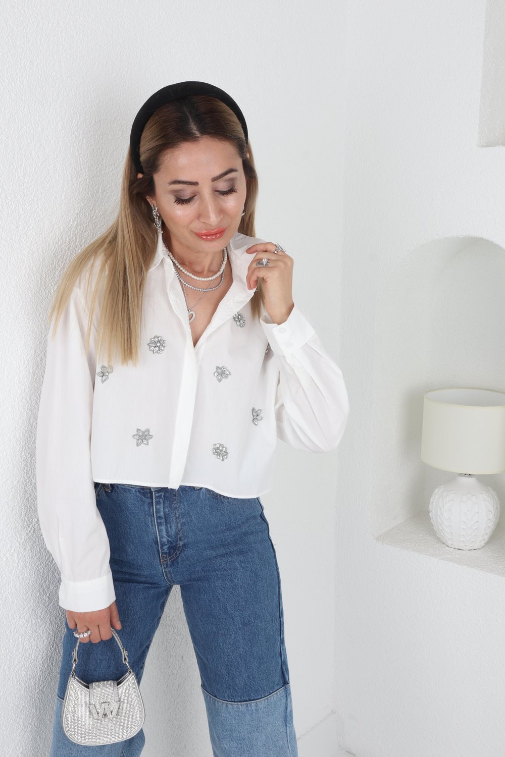 Ekru Taşlı Crop Gömlek