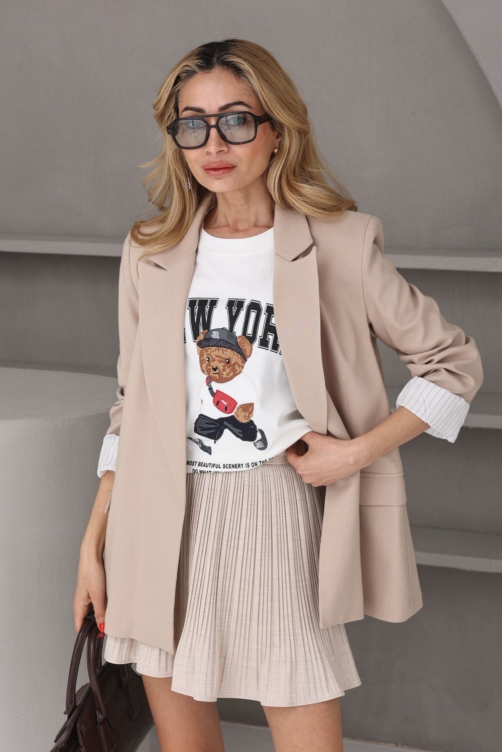Ekru Teddy Nakışlı Basic Tshirt