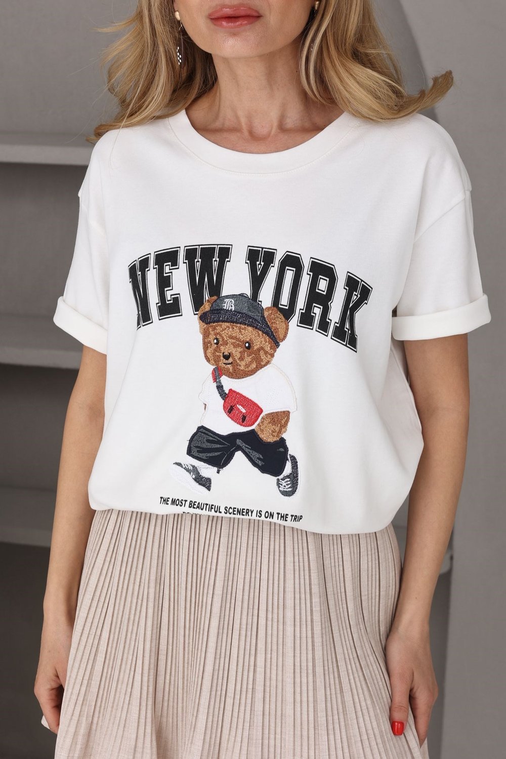 Ekru Teddy Nakışlı Basic Tshirt