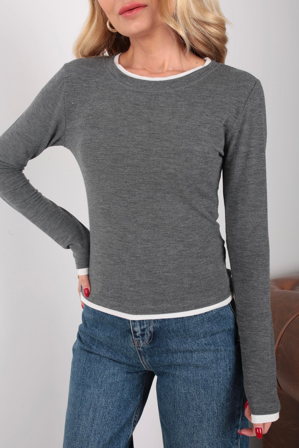 Garnili Füme İnce Penye Sweatshirt