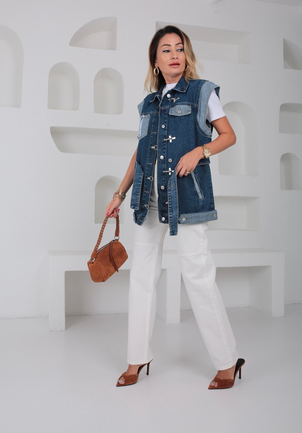 Garnili Kancalı Denim Yelek