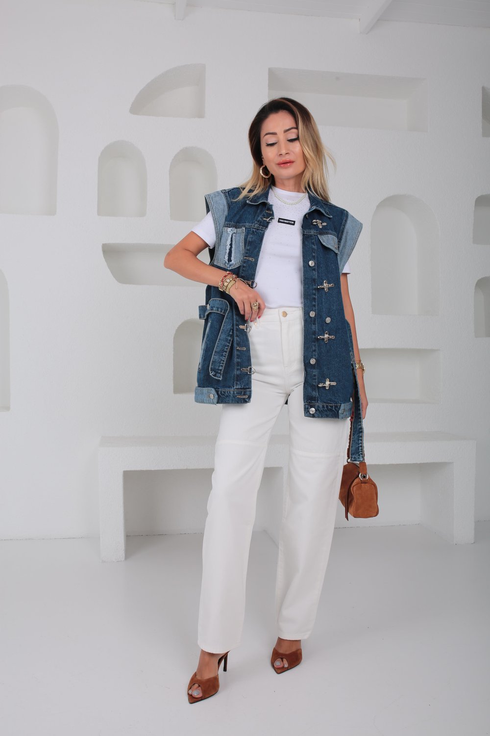Garnili Kancalı Denim Yelek
