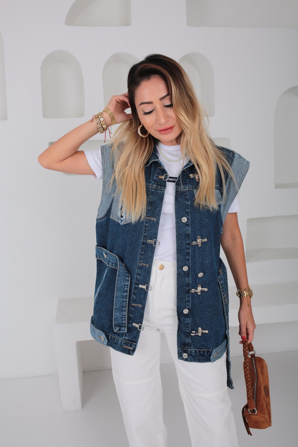 Garnili Kancalı Denim Yelek