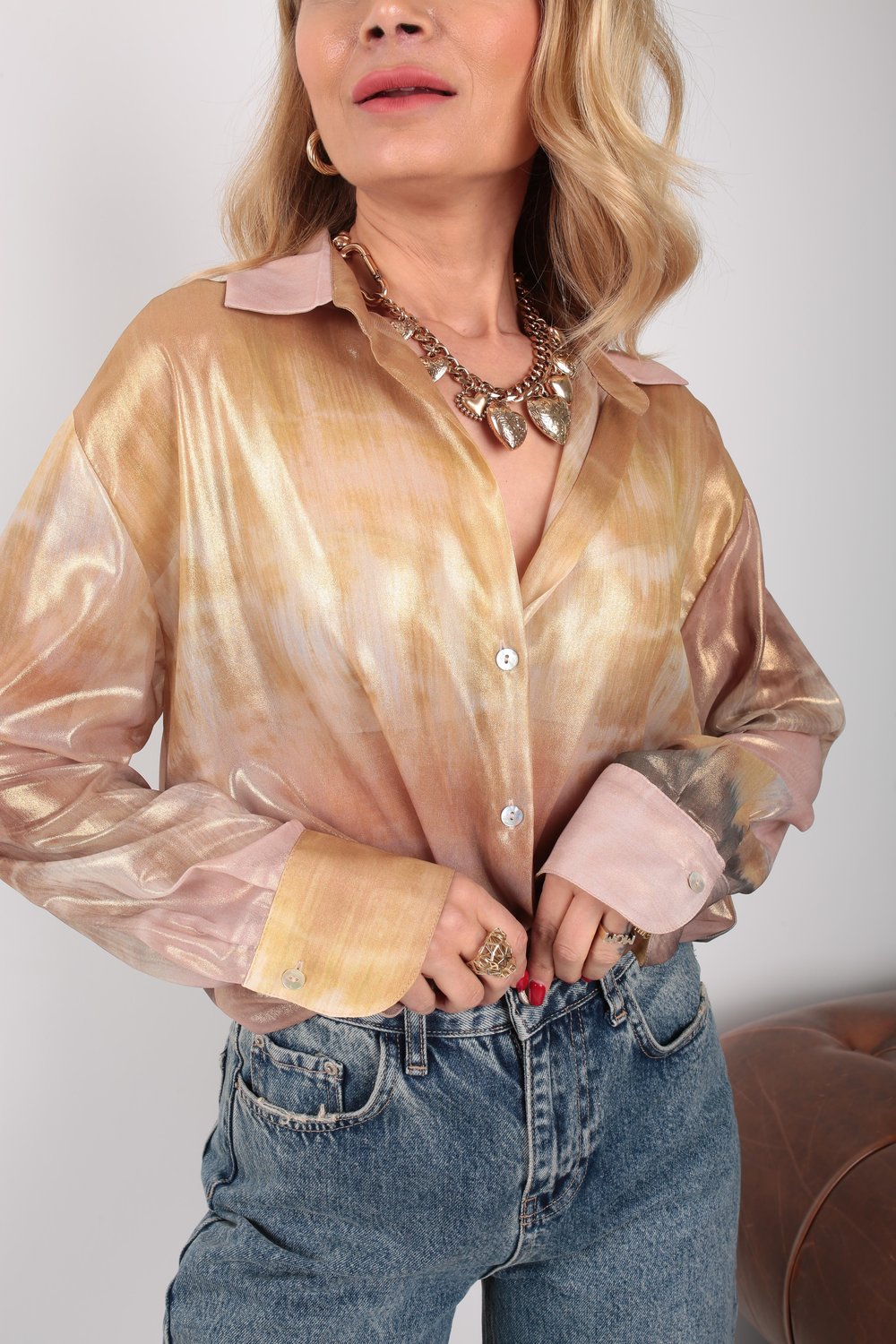 Gold Batik Desen Transparan Gömlek