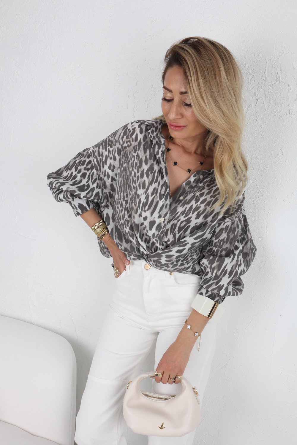 Gri Leopar Desen Oversize Gömlek