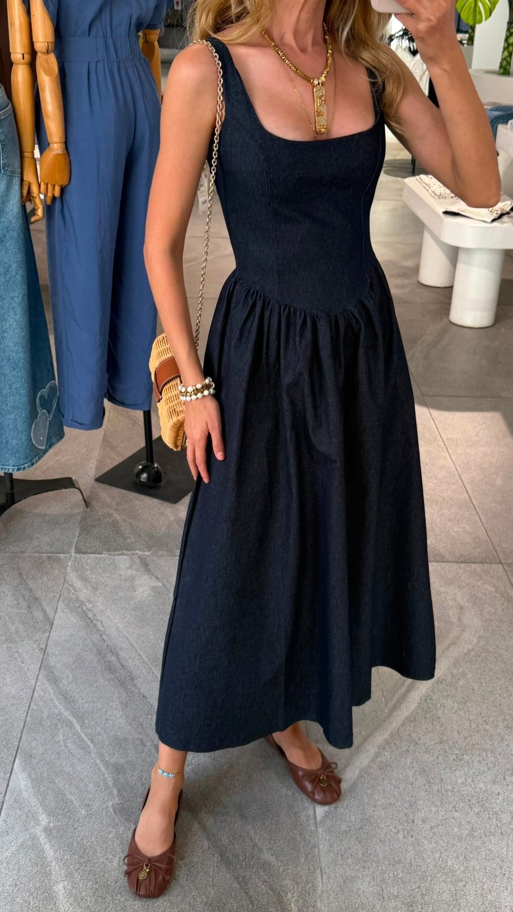 İp Askılı Likralı Denim Elbise