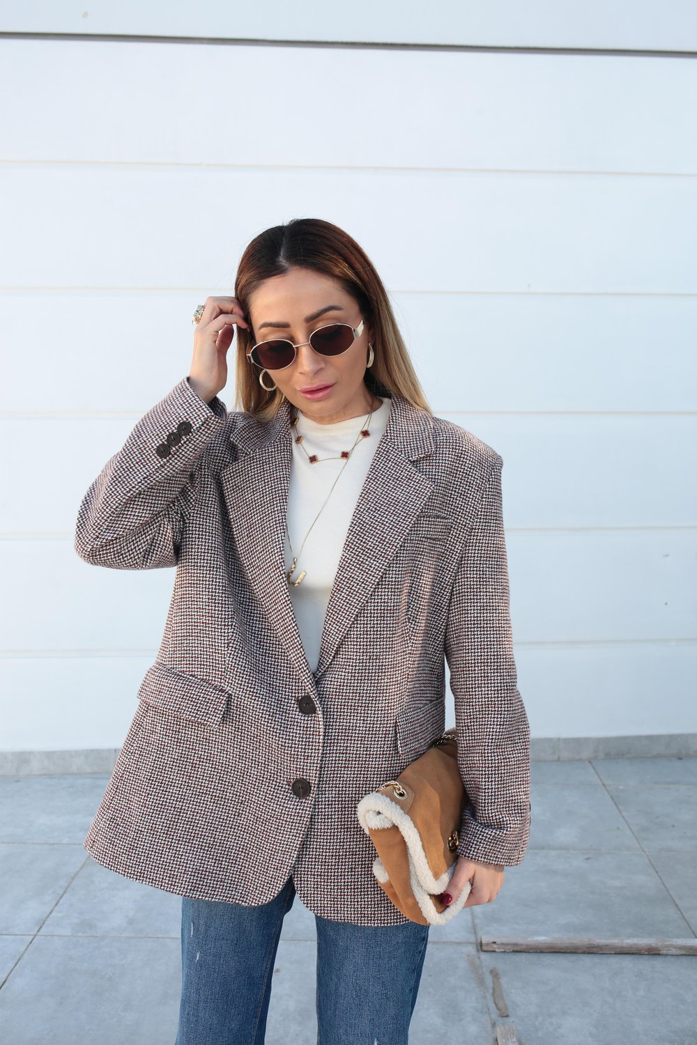Kahve Kazayağı Desenli Blazer Ceket