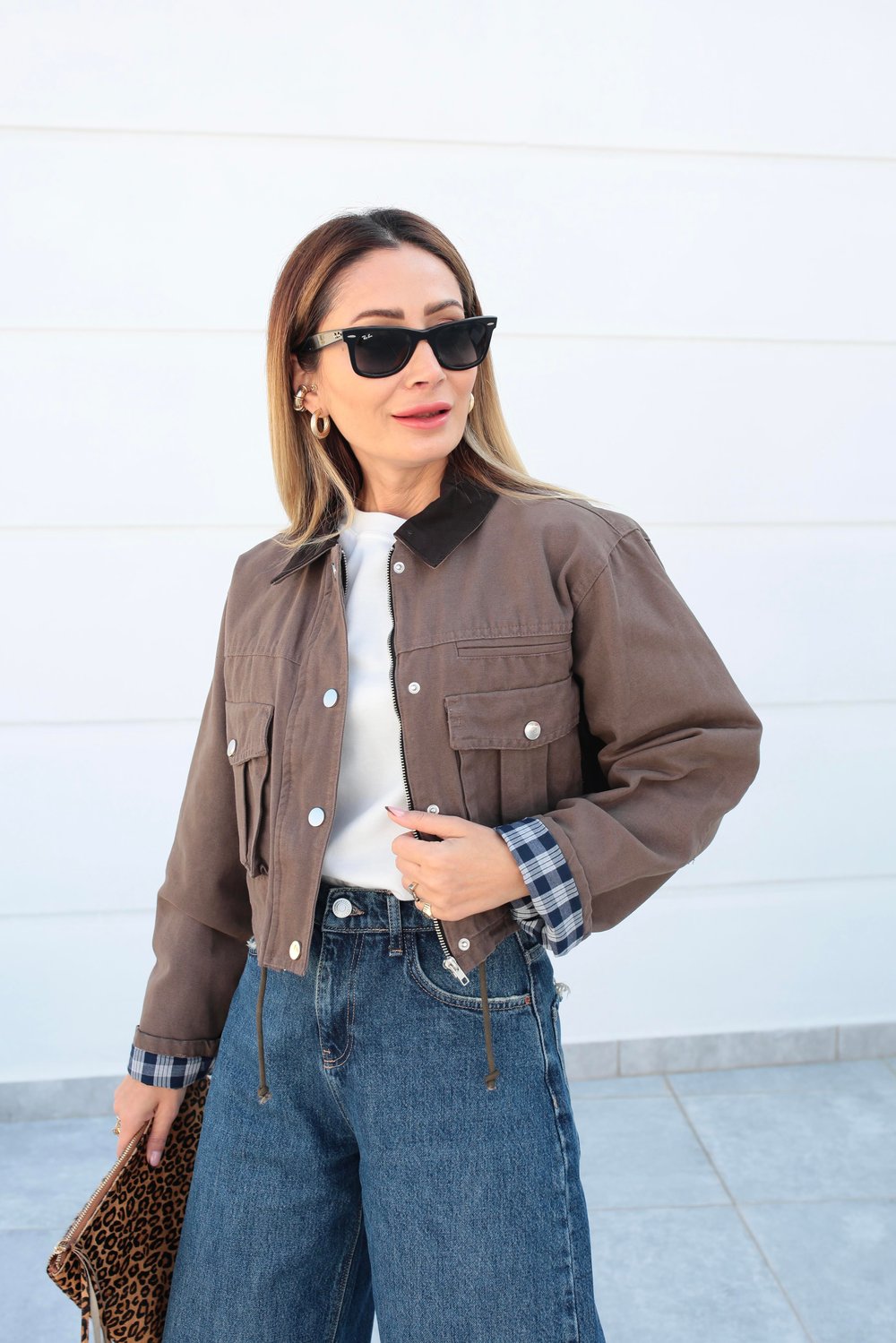 Kahve Torba Cepli Crop Ceket