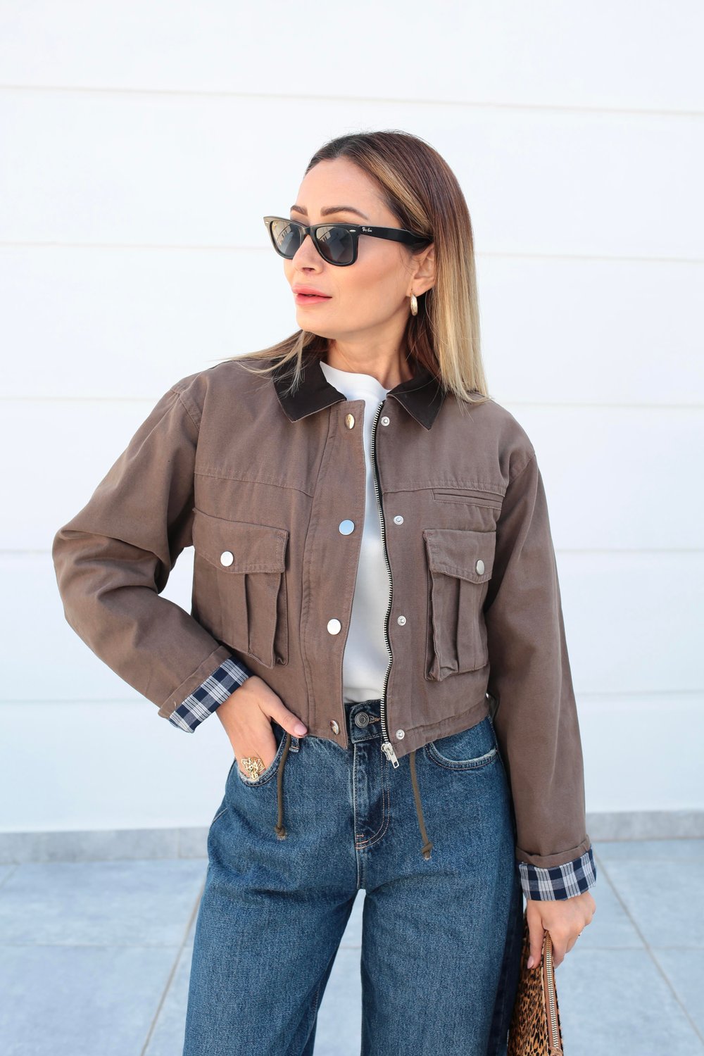 Kahve Torba Cepli Crop Ceket