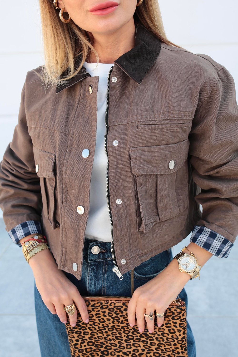 Kahve Torba Cepli Crop Ceket