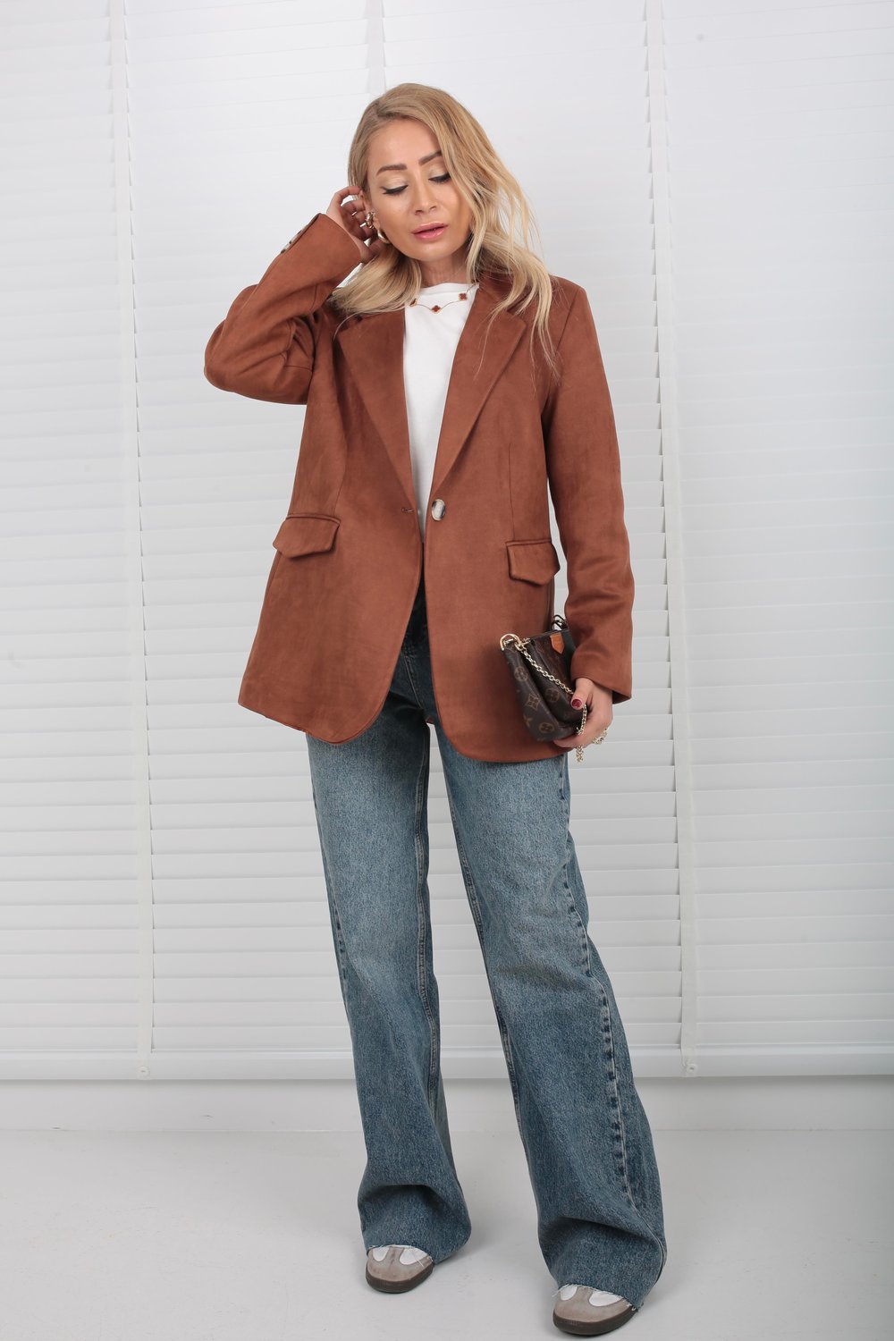 Kapak Cepli Taba Tek Düğme Süet Blazer Ceket