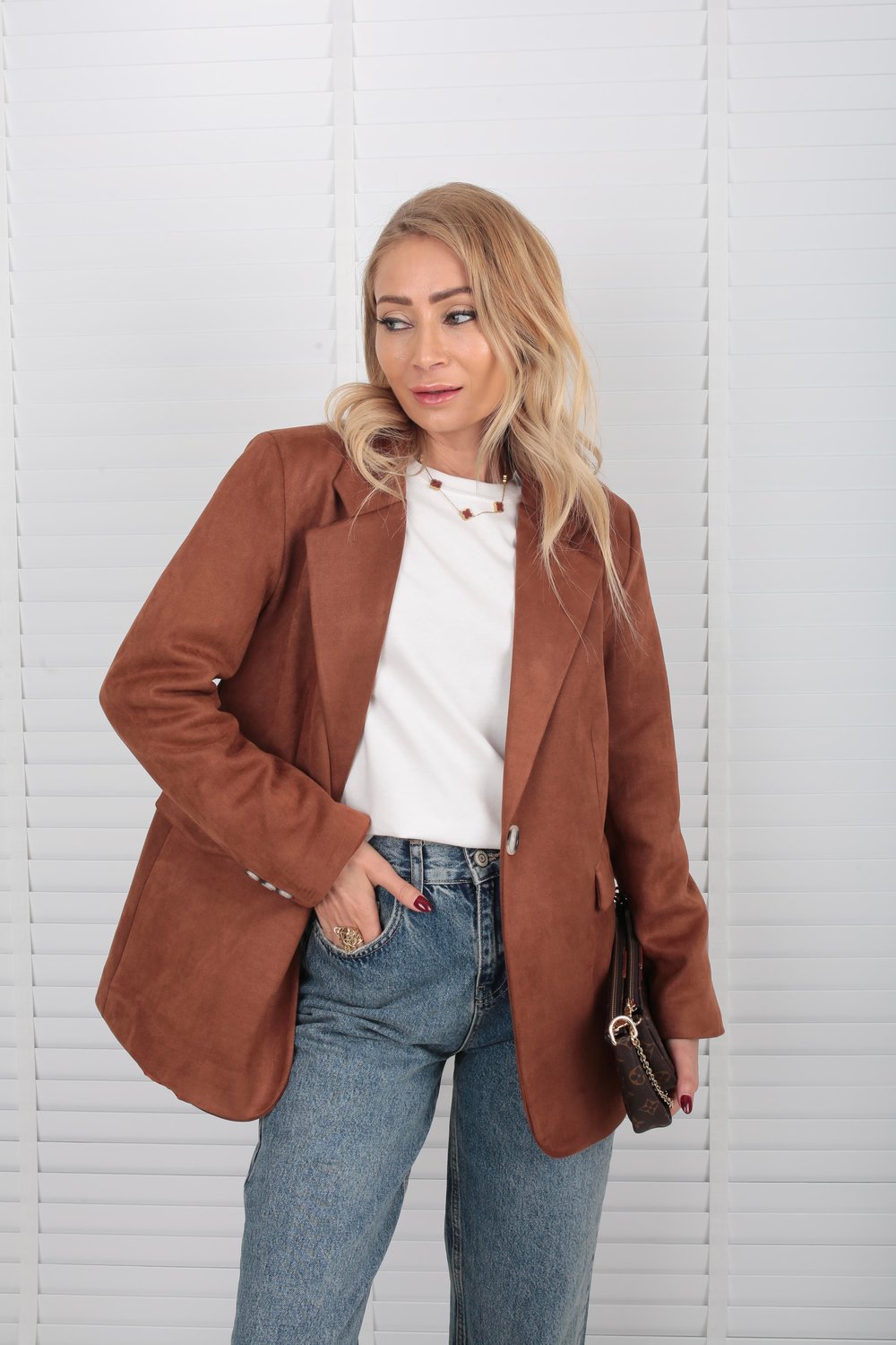Kapak Cepli Taba Tek Düğme Süet Blazer Ceket