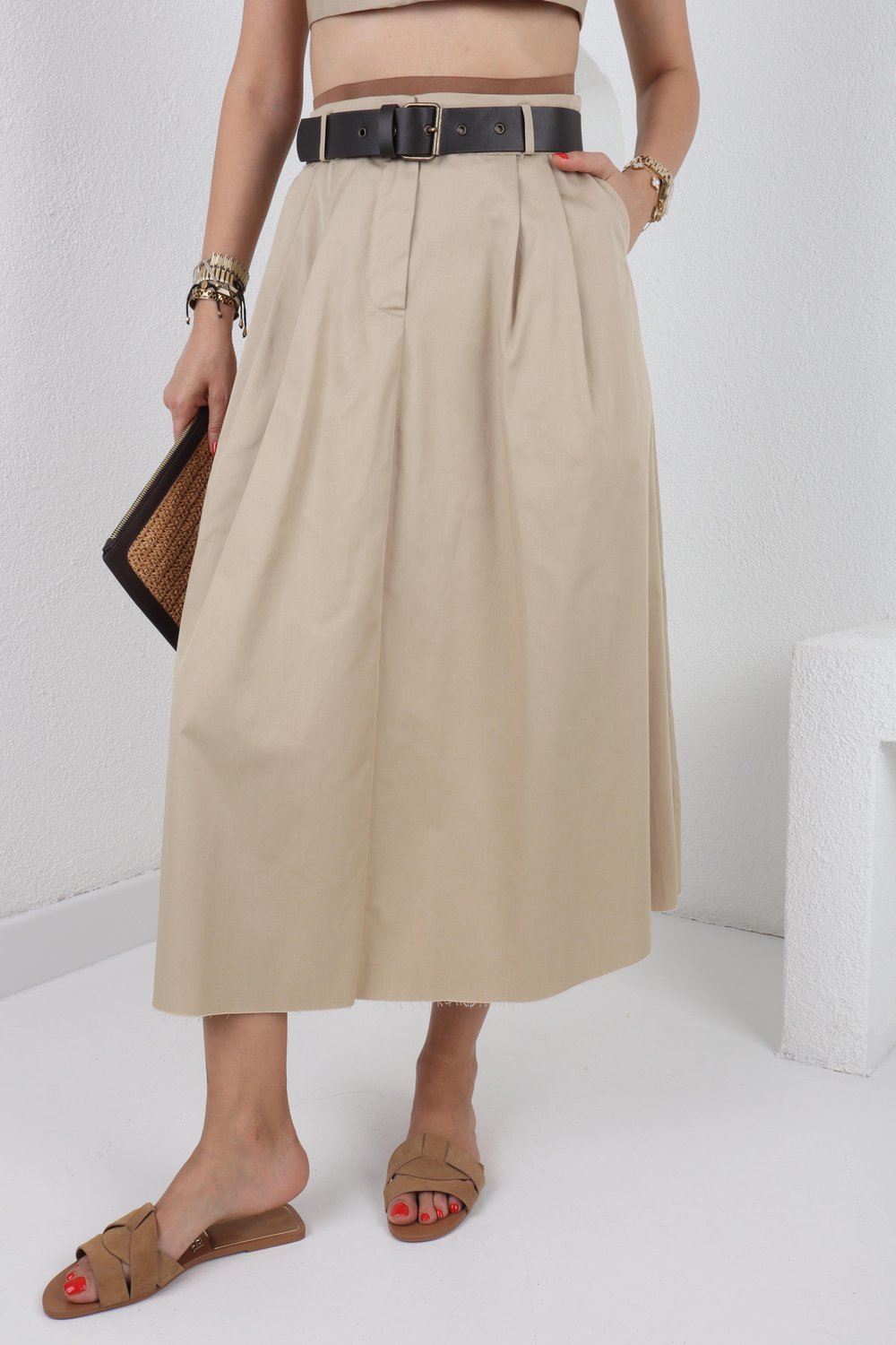 Kemerli Camel Taş İşli Crop Etek Takım