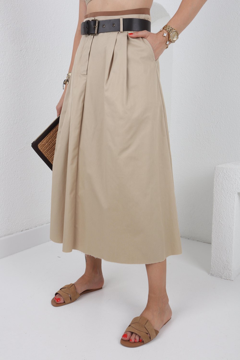 Kemerli Camel Taş İşli Crop Etek Takım