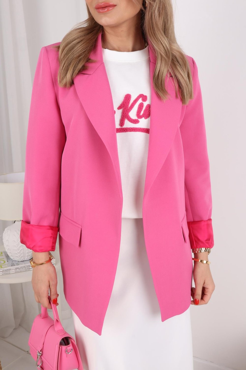 Kolu Katlı Kruvaze Pembe Blazer Ceket