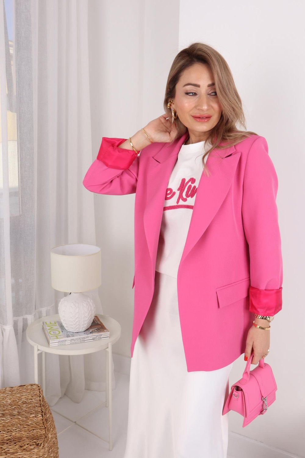 Kolu Katlı Kruvaze Pembe Blazer Ceket