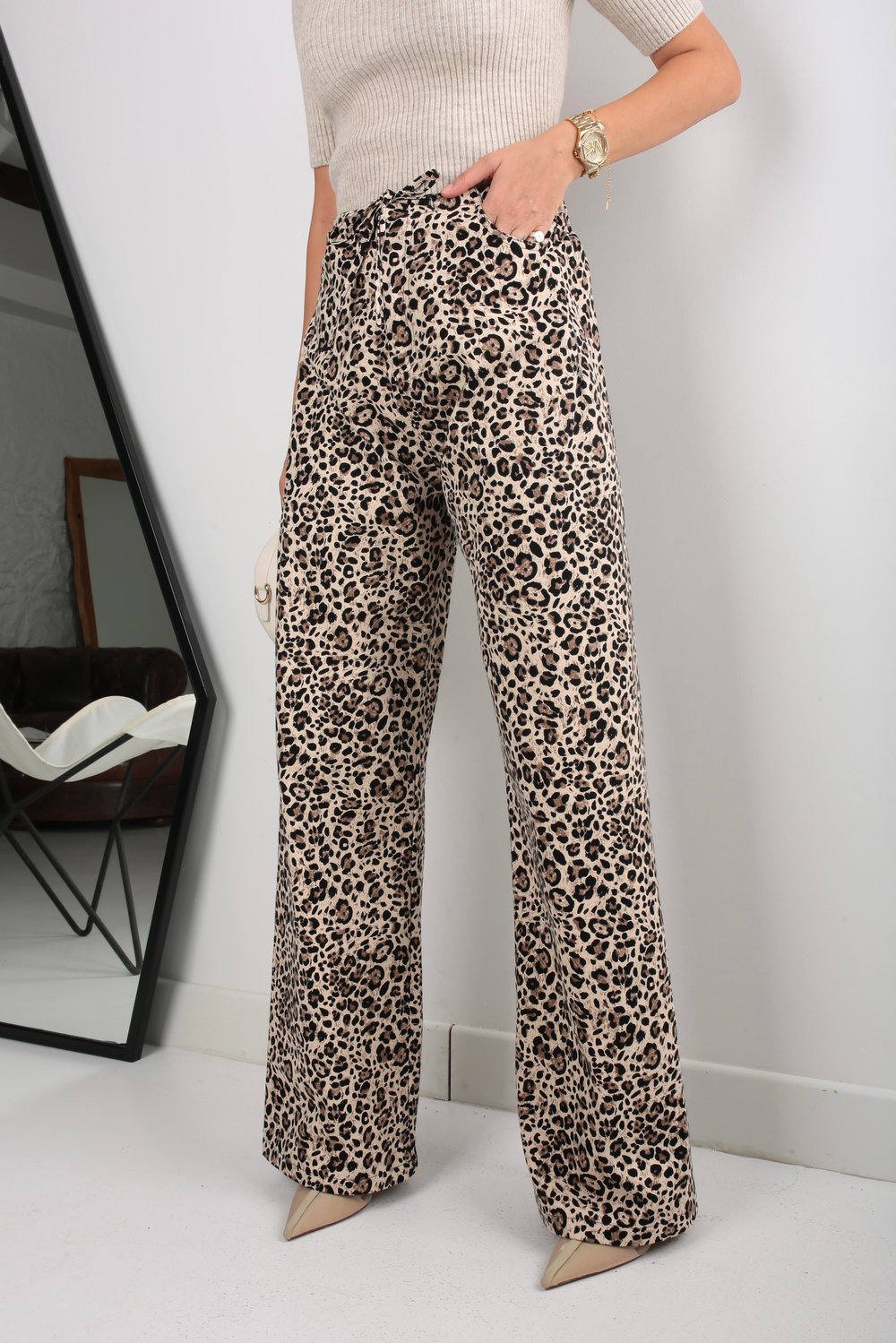 Leopar Desen İnce Kanvas Pantolon