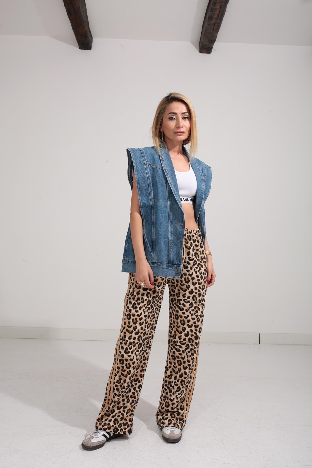 Leopar Desen Şeritli Üç İplik Pantolon