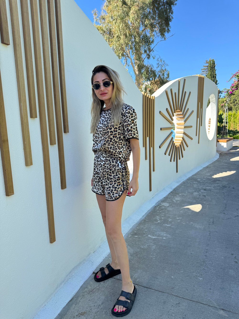 Leopar Desen Şortlu Saten Takım