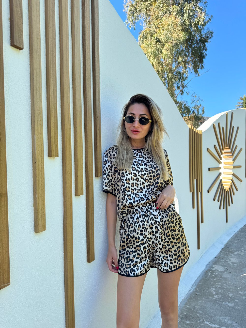 Leopar Desen Şortlu Saten Takım