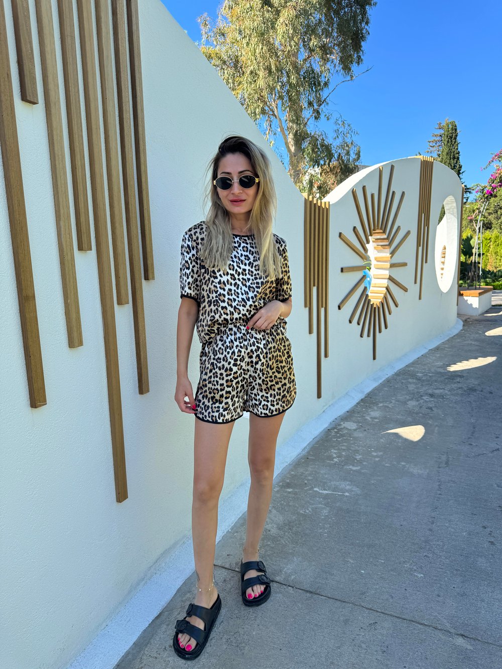 Leopar Desen Şortlu Saten Takım