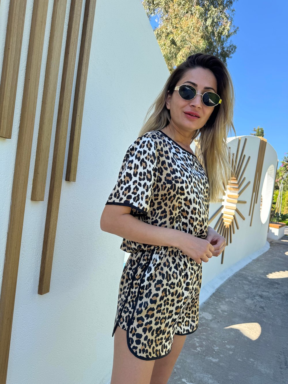 Leopar Desen Şortlu Saten Takım