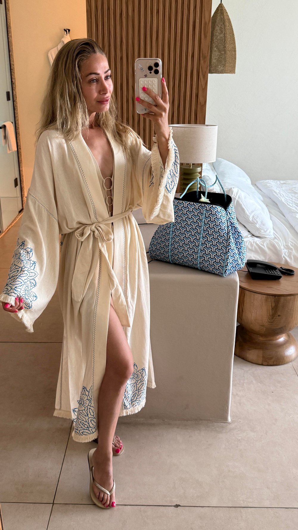 Mavi Baskılı Naturel Kimono