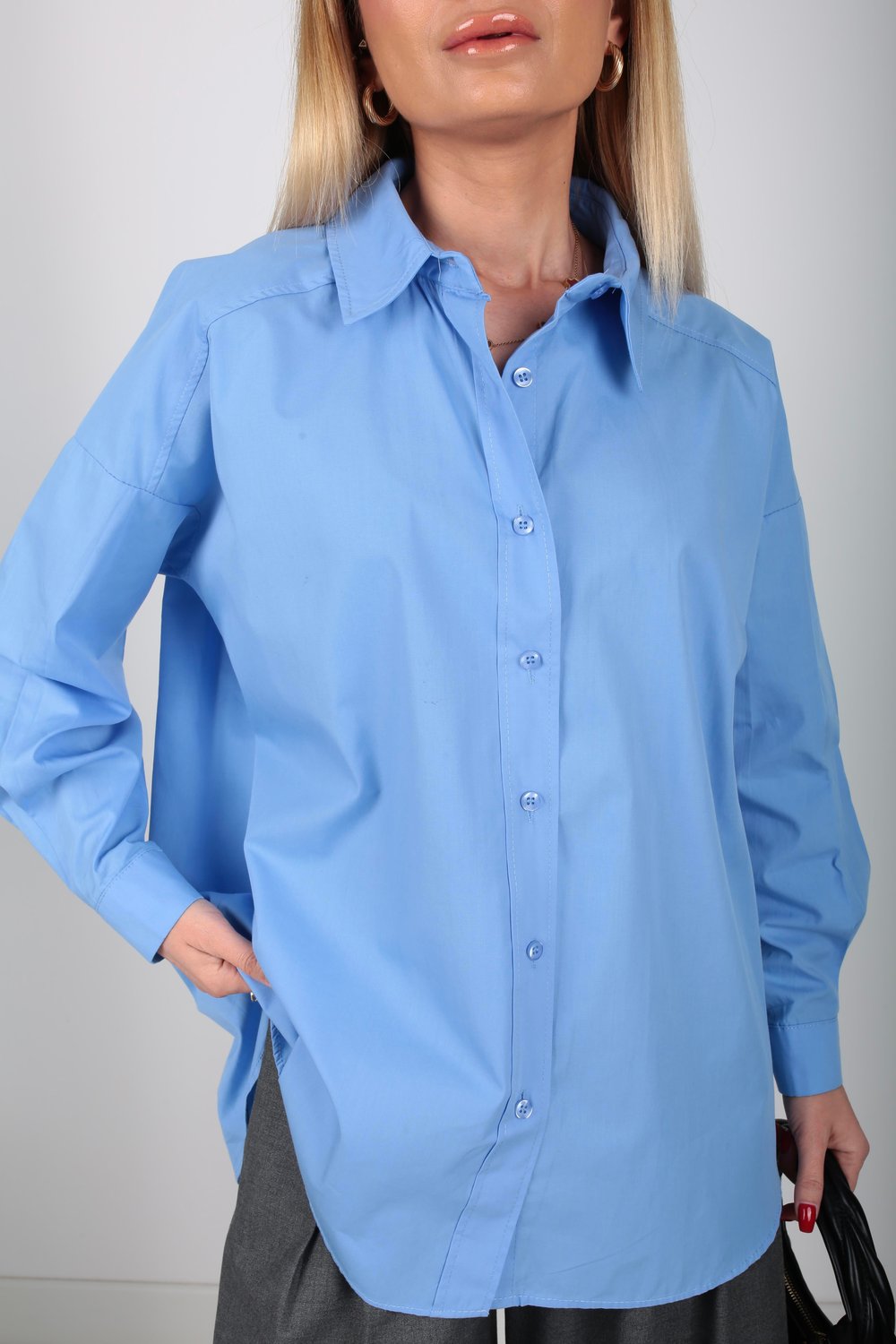 Mavi Oversize Yanı Yırtmaçlı Gömlek
