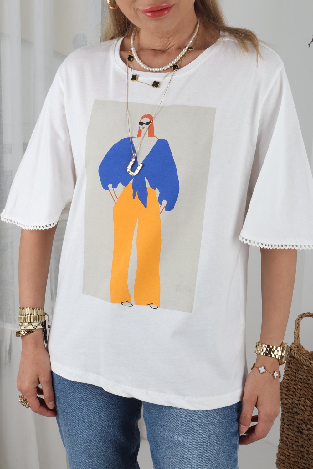 Mavi Turuncu Kadın Baskılı Ekru Tshirt