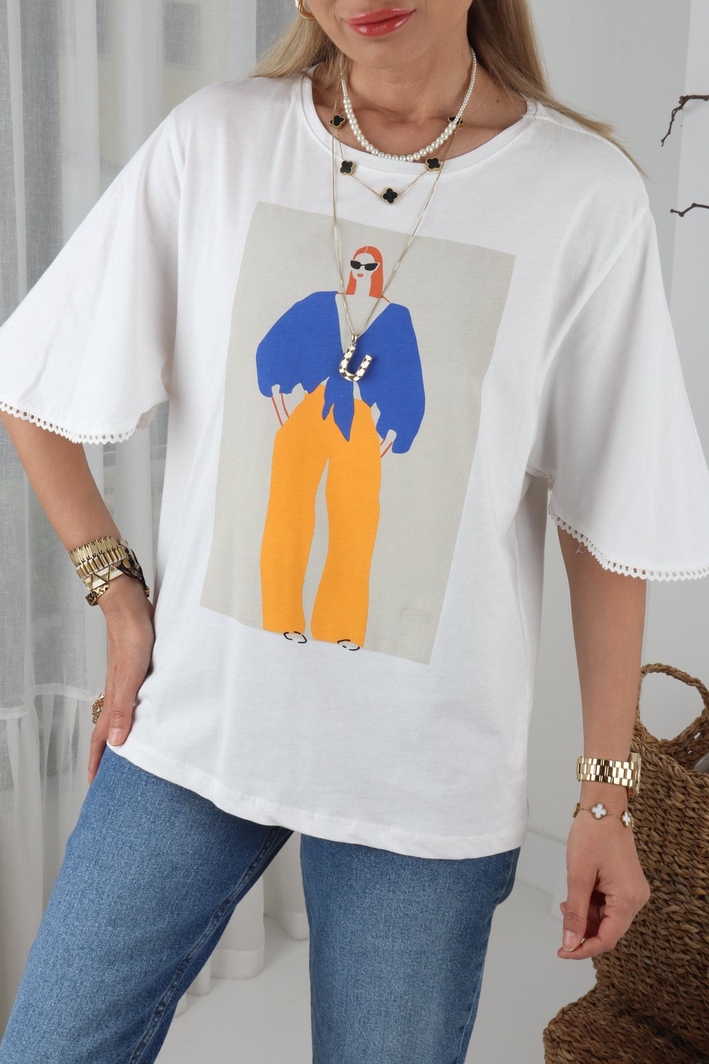 Mavi Turuncu Kadın Baskılı Ekru Tshirt