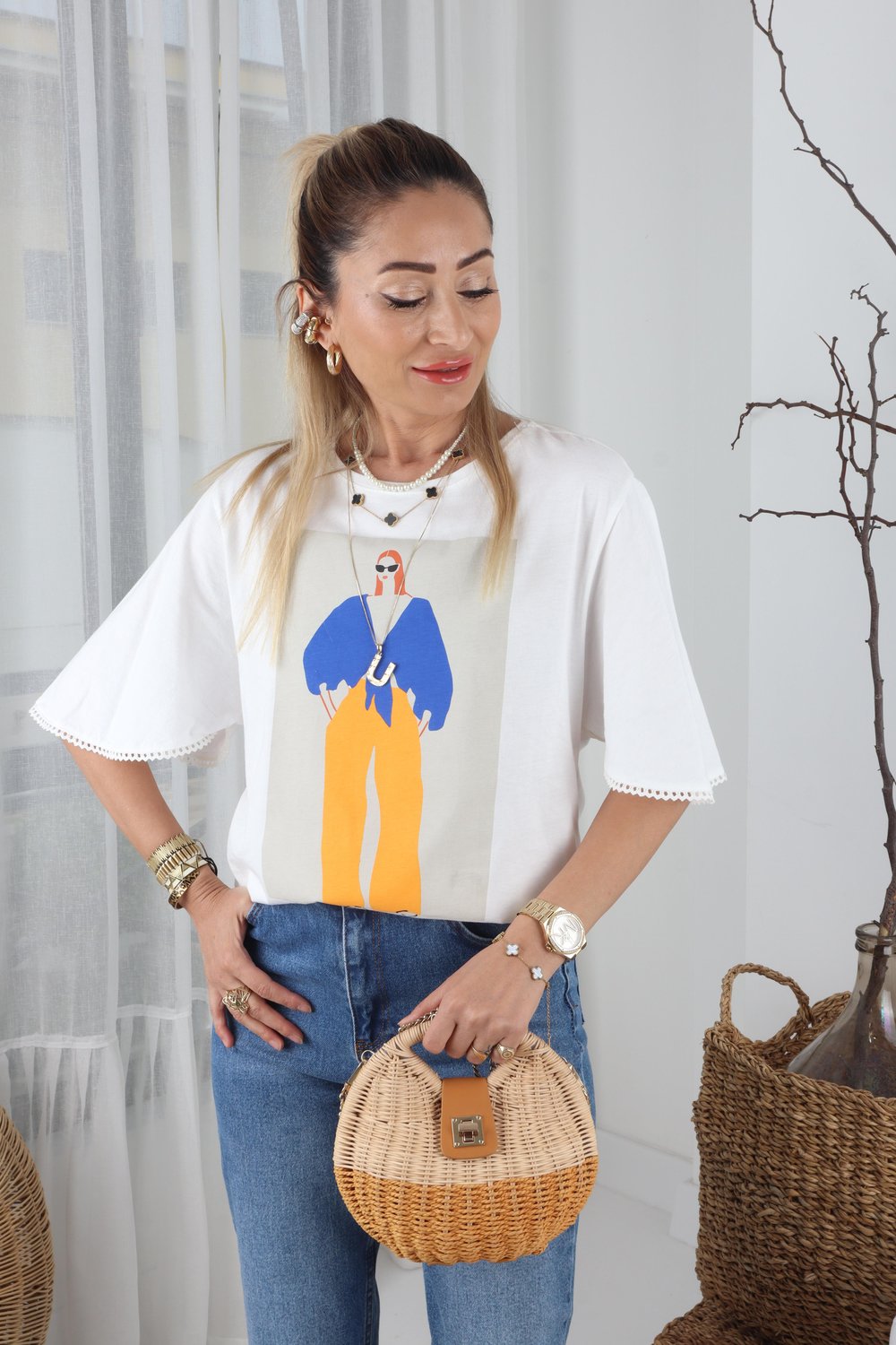 Mavi Turuncu Kadın Baskılı Ekru Tshirt