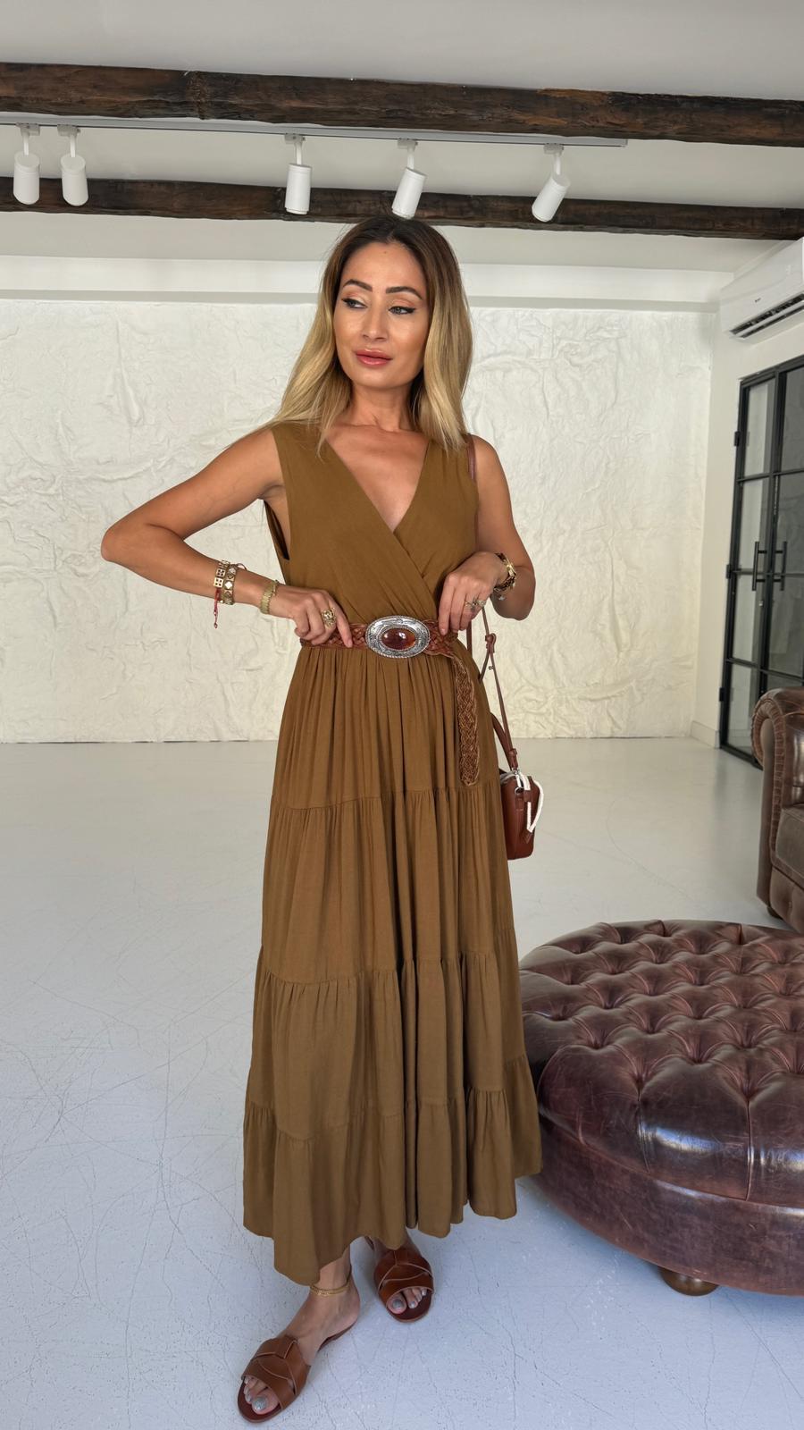 Ön Arka V Yaka Katlı Camel Elbise
