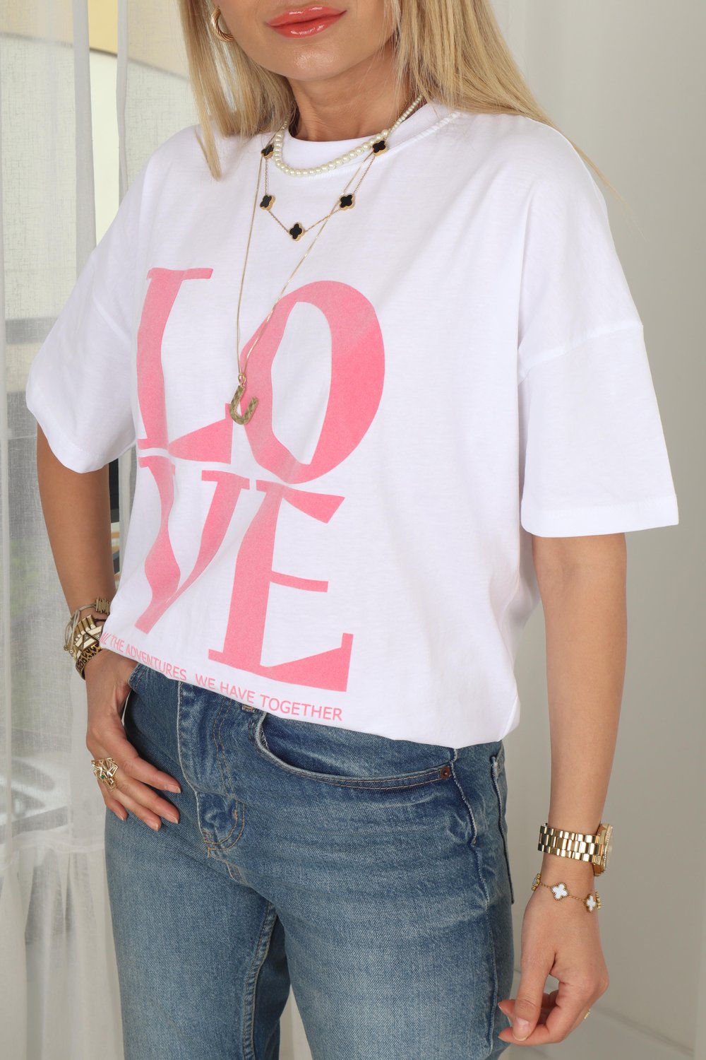 Pembe Love Baskılı Oversize Tshirt