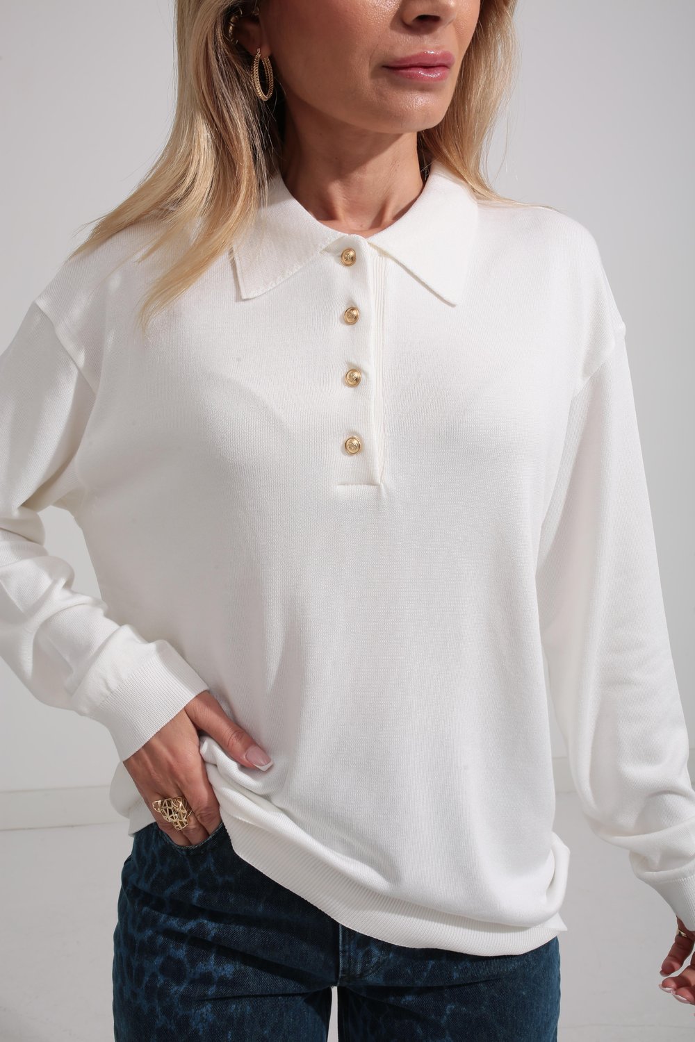 Polo Yaka Gold Düğmeli Oversize Triko Kazak