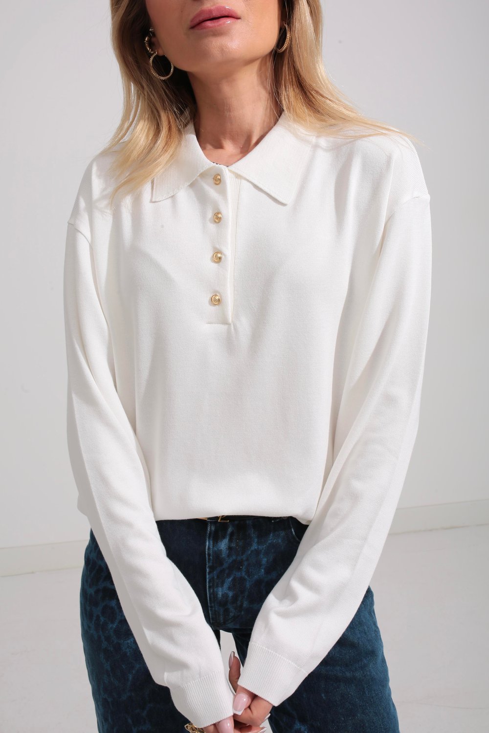 Polo Yaka Gold Düğmeli Oversize Triko Kazak